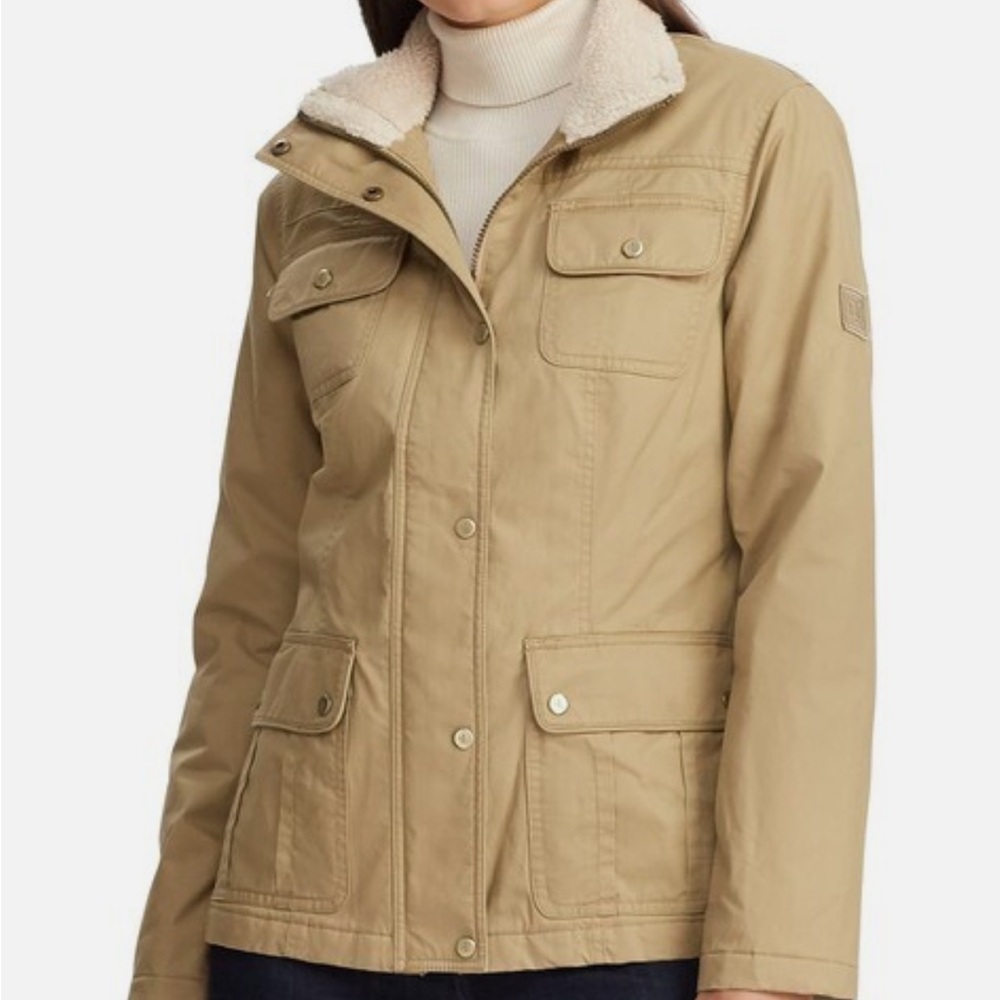 Lauren Ralph Lauren Waxed Field Jacket Faux Shearling Trim Utility equestrian